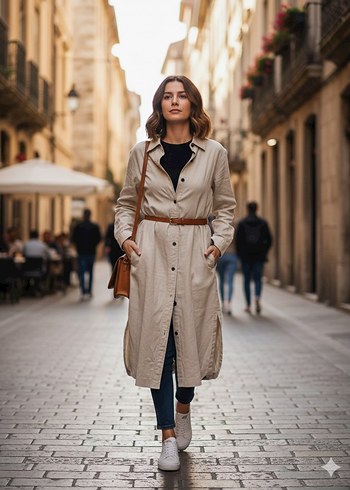 Bej Kadın  Uzun Trençkot - Görsel 2