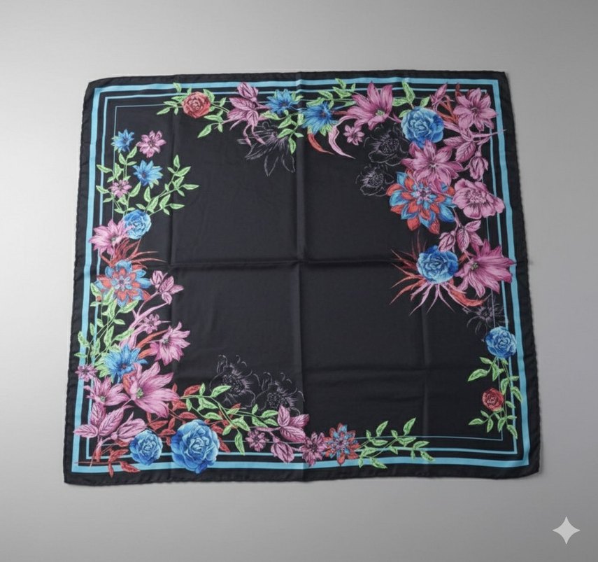 Çiçek Desenli İpek Görünümlü Kadın Eşarp - Görsel 2