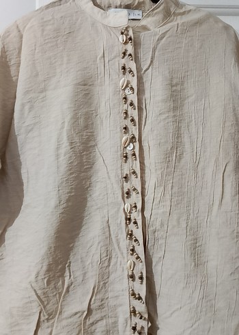 Bej Keten Düğmeli Uzun etekli takim - Görsel 3