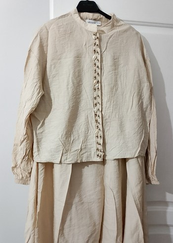 Bej Keten Düğmeli Uzun etekli takim - Görsel 2