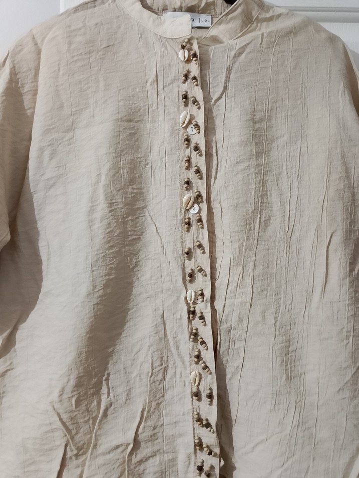 Bej Keten Düğmeli Uzun etekli takim - Görsel 3