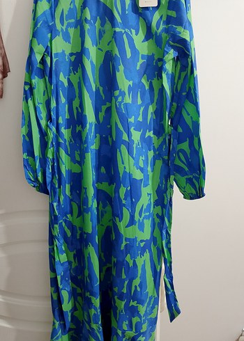 Uzun, Bol Kesim, Bağcıklı Mavi Bohem Elbise - Görsel 5