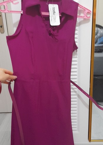 Mor V Yakalı Midi Kolsuz Elbise - Görsel 2