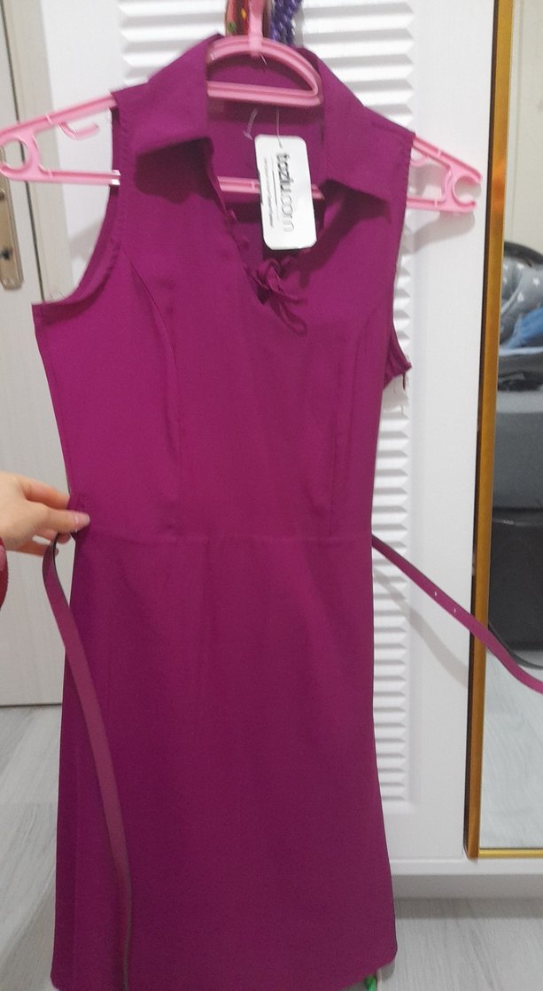 Mor V Yakalı Midi Kolsuz Elbise - Görsel 2