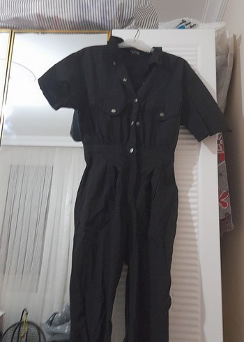 Siyah Keten Düğmeli Kadın Tulum - Görsel 2