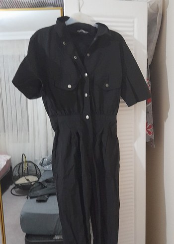 Siyah Keten Düğmeli Kadın Tulum - Görsel 11