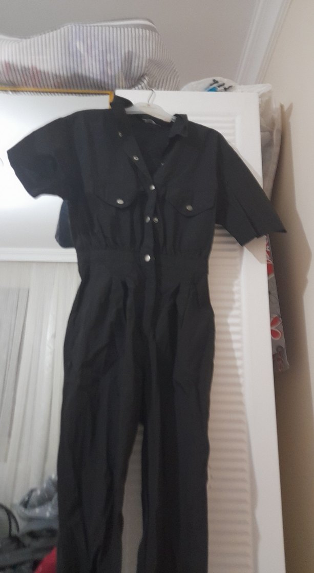 Siyah Keten Düğmeli Kadın Tulum - Görsel 3