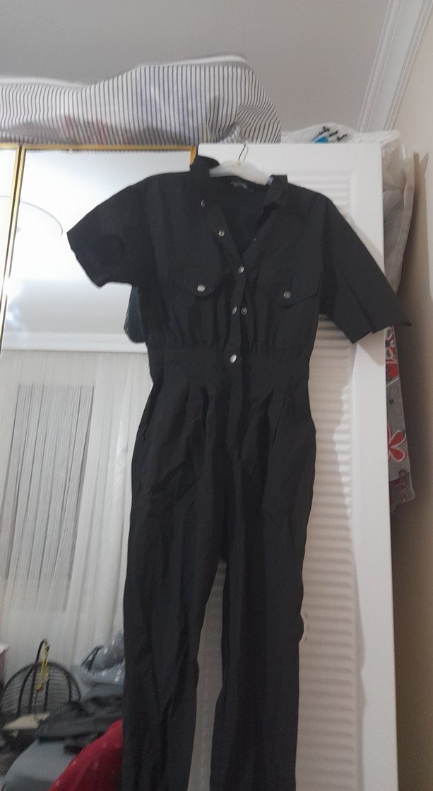 Siyah Keten Düğmeli Kadın Tulum - Görsel 2