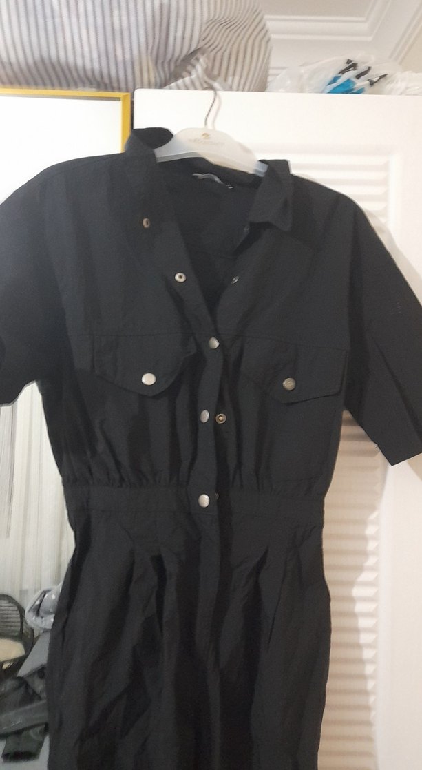 Siyah Keten Düğmeli Kadın Tulum - Görsel 4