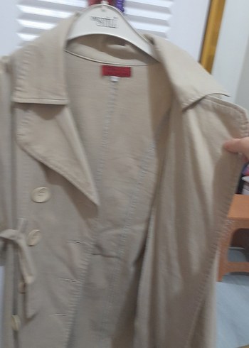 Düğmeli Bej Kadın Süet Trençkot - Görsel 4