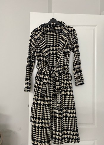 Kadın Siyah Ekose Kuşaklı Uzun Yün Kaban - Görsel 6