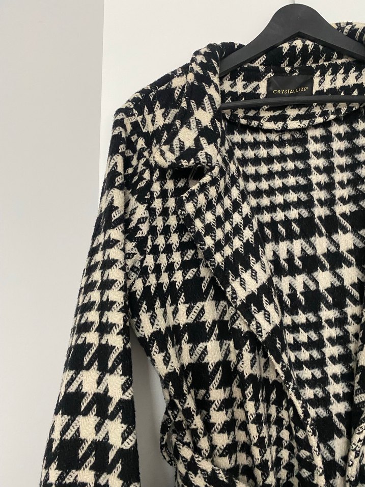 Kadın Siyah Ekose Kuşaklı Uzun Yün Kaban - Görsel 5