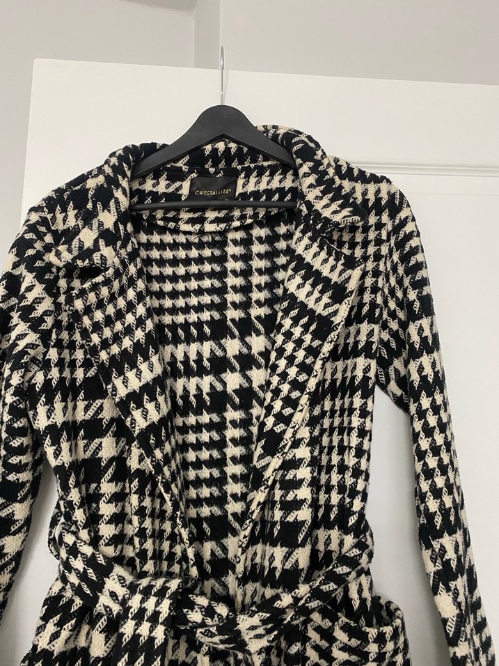 Kadın Siyah Ekose Kuşaklı Uzun Yün Kaban - Görsel 2