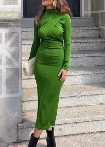 Drapeli Uzun Yeşil Kadın Elbise - Görsel 5
