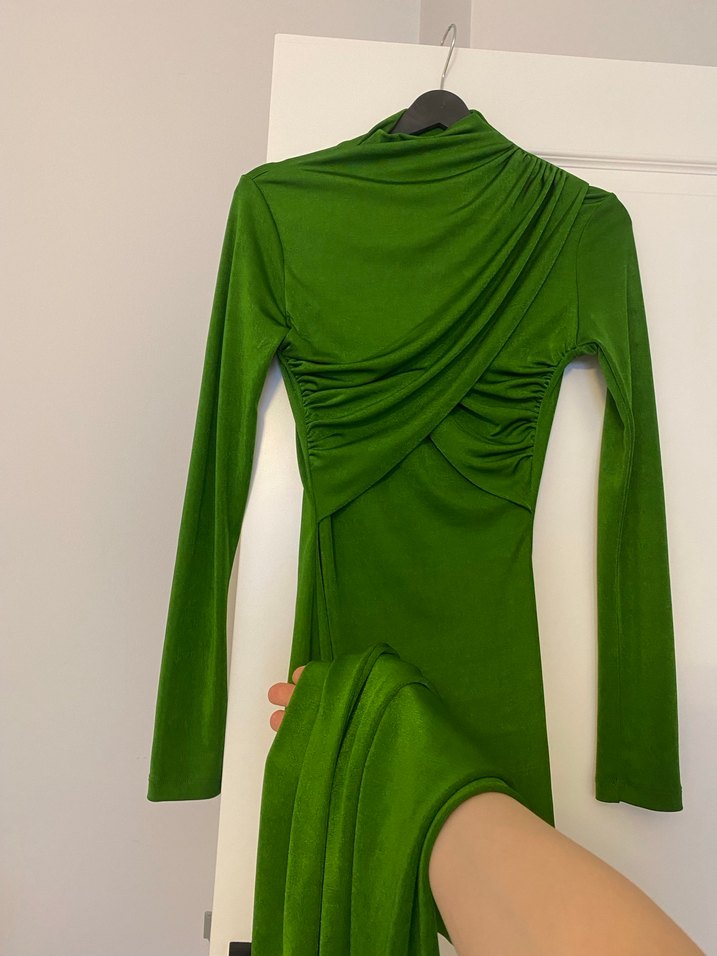 Drapeli Uzun Yeşil Kadın Elbise - Görsel 4