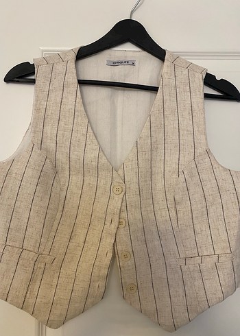 Bej Keten Düğmeli Kadın Yelek - Görsel 2