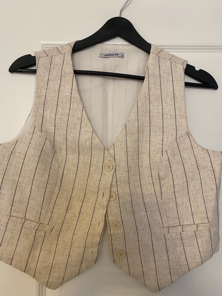 Bej Keten Düğmeli Kadın Yelek - Görsel 2