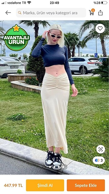 Bej önden büzgülü midi etek