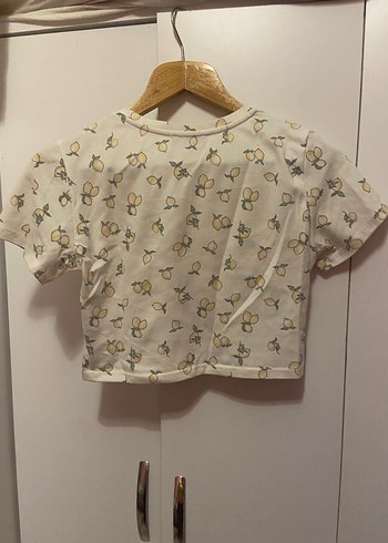 l Beden Beyaz limon desenli Kısa Kollu Tişört Crop