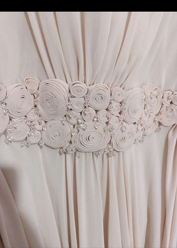 Bej Uzun Drapeli Kadın Abiye Elbise - Görsel 3