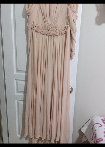 Bej Uzun Drapeli Kadın Abiye Elbise - Görsel 2