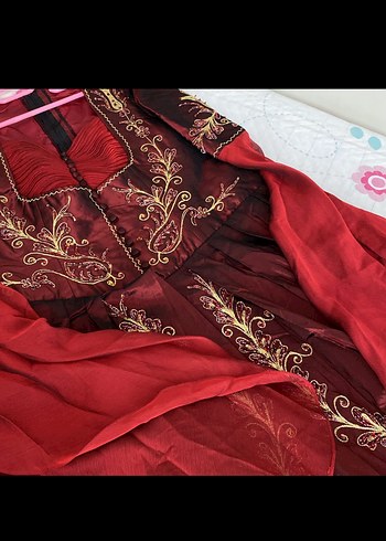 Bordo Nakışlı Uzun Kollu Henna Elbise - Görsel 4