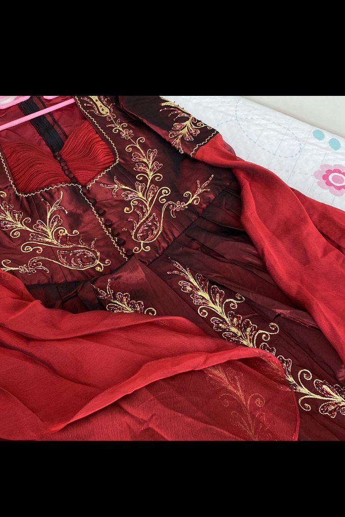 Bordo Nakışlı Uzun Kollu Henna Elbise - Görsel 4