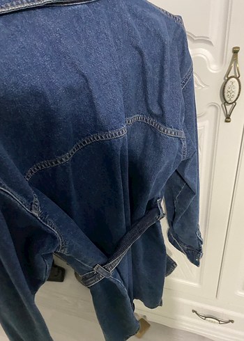 Kadın Denim Midi Ceket, Kemerli, Salaş Kesim - Görsel 4