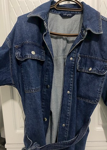 Kadın Denim Midi Ceket, Kemerli, Salaş Kesim - Görsel 2