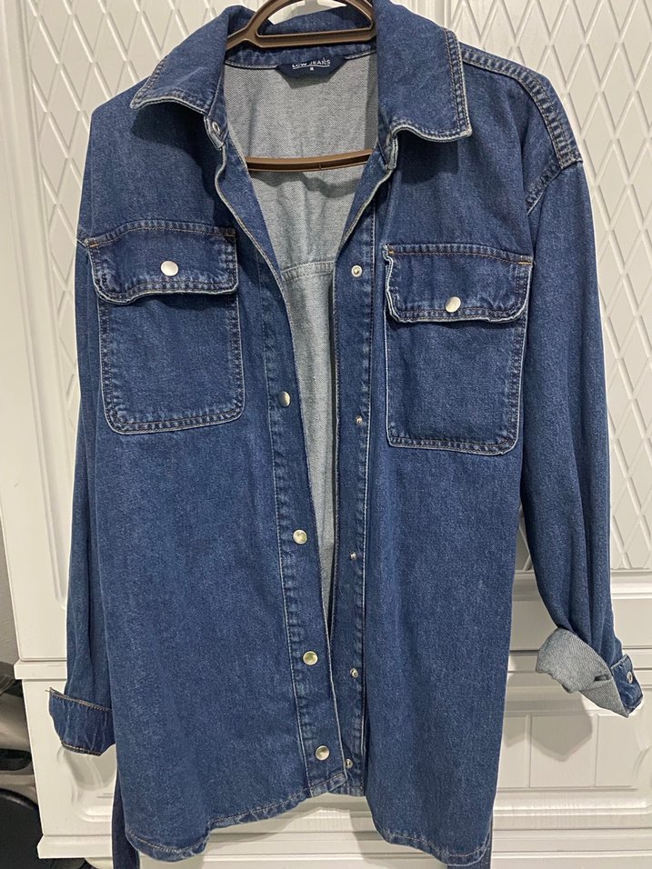 Kadın Denim Midi Ceket, Kemerli, Salaş Kesim - Görsel 5