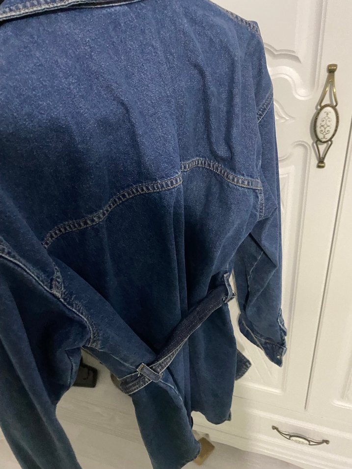 Kadın Denim Midi Ceket, Kemerli, Salaş Kesim - Görsel 4