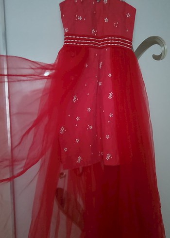 Nakışlı Kırmızı Uzun Abiye Elbise - Görsel 2