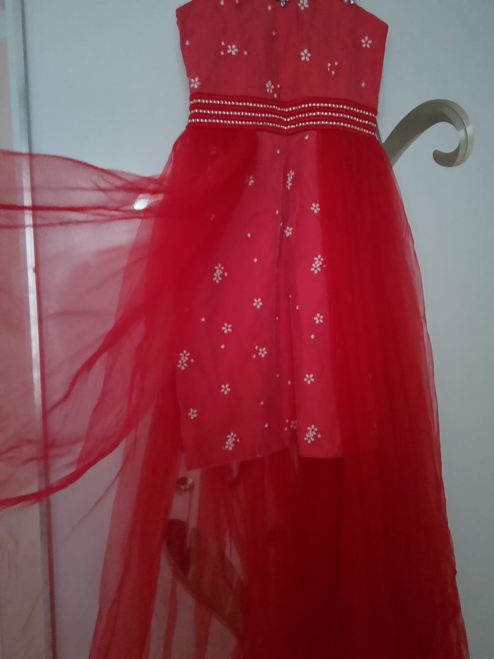 Nakışlı Kırmızı Uzun Abiye Elbise - Görsel 2