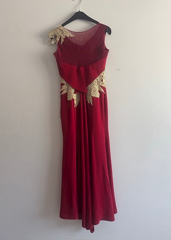 Bordo İşlemeli Drapeli Uzun Abiye Elbise - Görsel 4