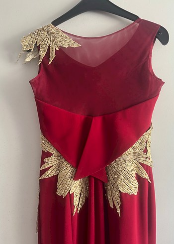 Bordo İşlemeli Drapeli Uzun Abiye Elbise - Görsel 5