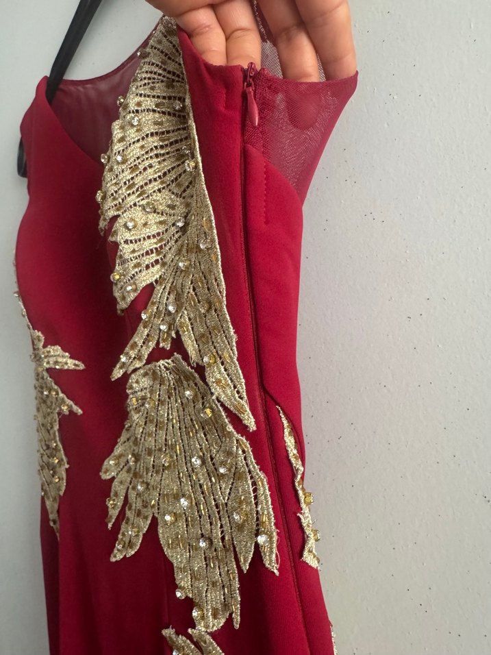 Bordo İşlemeli Drapeli Uzun Abiye Elbise - Görsel 3