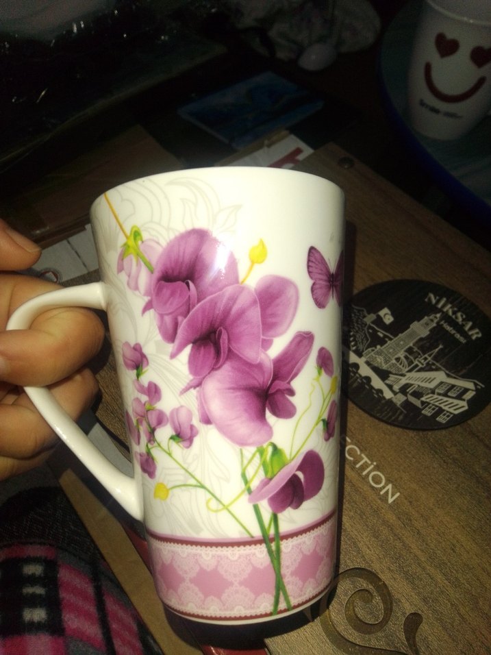 Mor Çiçek Desenli Porselen kupa - Görsel 2