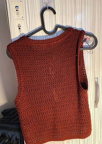 Bohem Tarz Örgü Kiremit Renk Kadın Yelek - Görsel 4