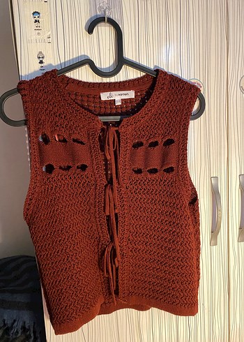 Bohem Tarz Örgü Kiremit Renk Kadın Yelek - Görsel 3