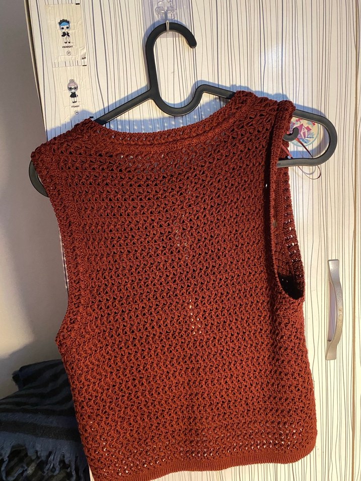 Bohem Tarz Örgü Kiremit Renk Kadın Yelek - Görsel 4