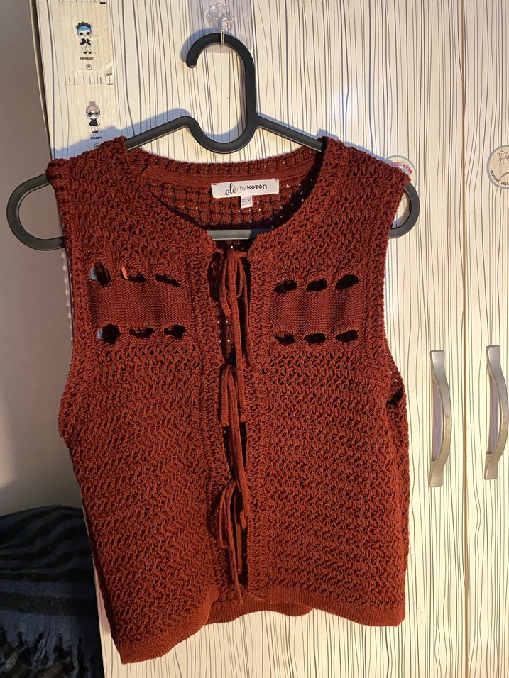 Bohem Tarz Örgü Kiremit Renk Kadın Yelek - Görsel 3