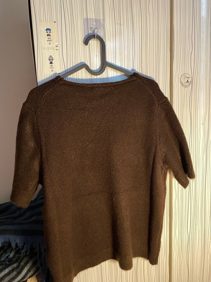 Kahverengi Yün Örme Kısa Kollu Kadın Kazak - Görsel 3