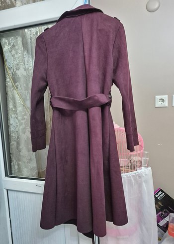 Bordo Süet Uzun Kuşaklı Kadın Trençkot - Görsel 3