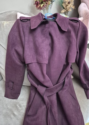 Bordo Süet Uzun Kuşaklı Kadın Trençkot - Görsel 4