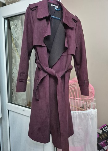 Bordo Süet Uzun Kuşaklı Kadın Trençkot - Görsel 2