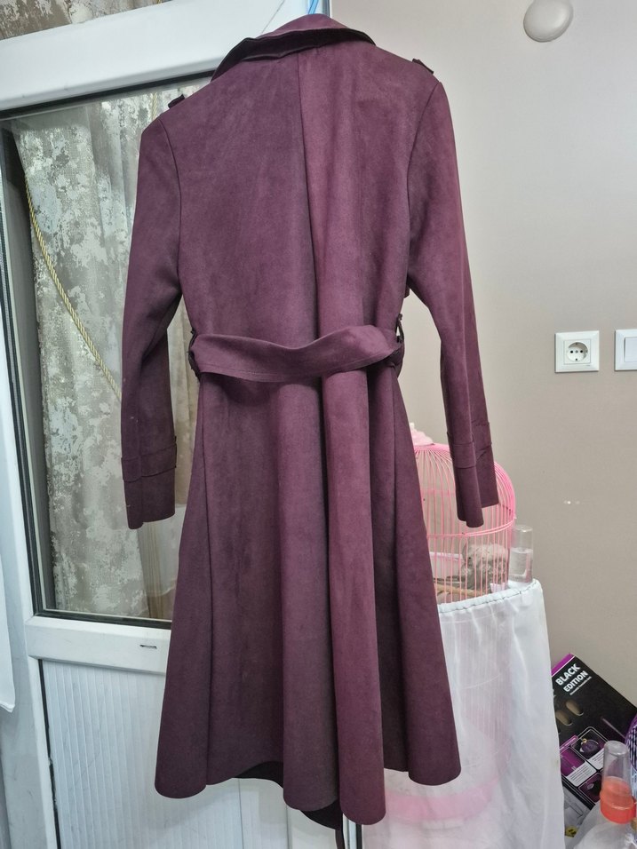 Bordo Süet Uzun Kuşaklı Kadın Trençkot - Görsel 3