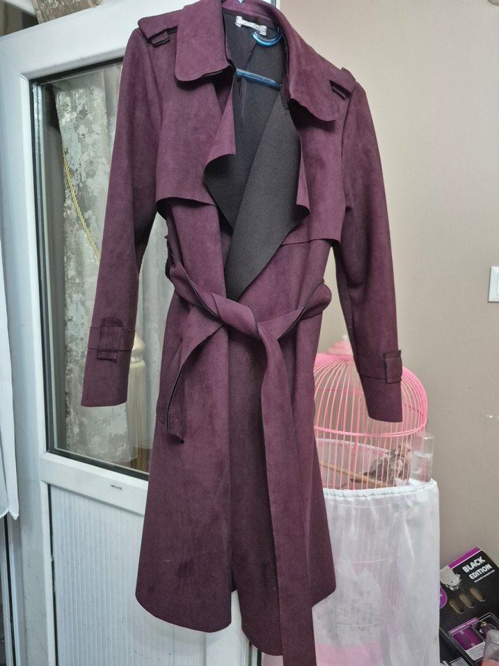 Bordo Süet Uzun Kuşaklı Kadın Trençkot - Görsel 2