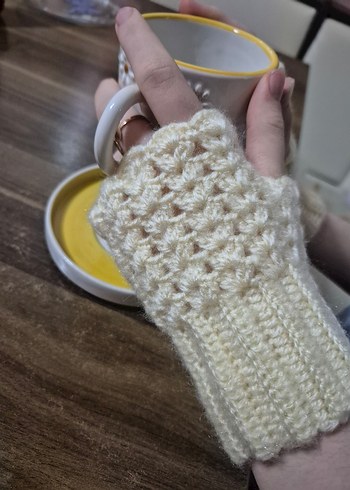 Bohem Tarzı krem Örgü Parmaksız Eldiven - Görsel 3