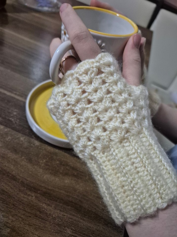 Bohem Tarzı krem Örgü Parmaksız Eldiven - Görsel 3