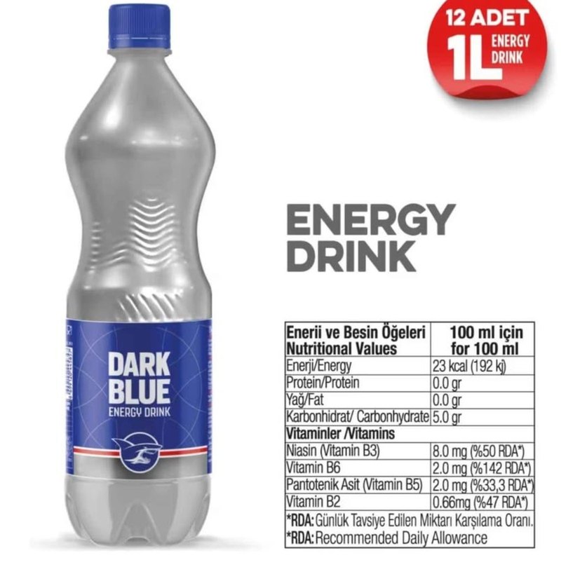 Dark Blue Enerji İçeceği, 1 lt (12'li Paket, 12 adet x 1 lt) - Görsel 3